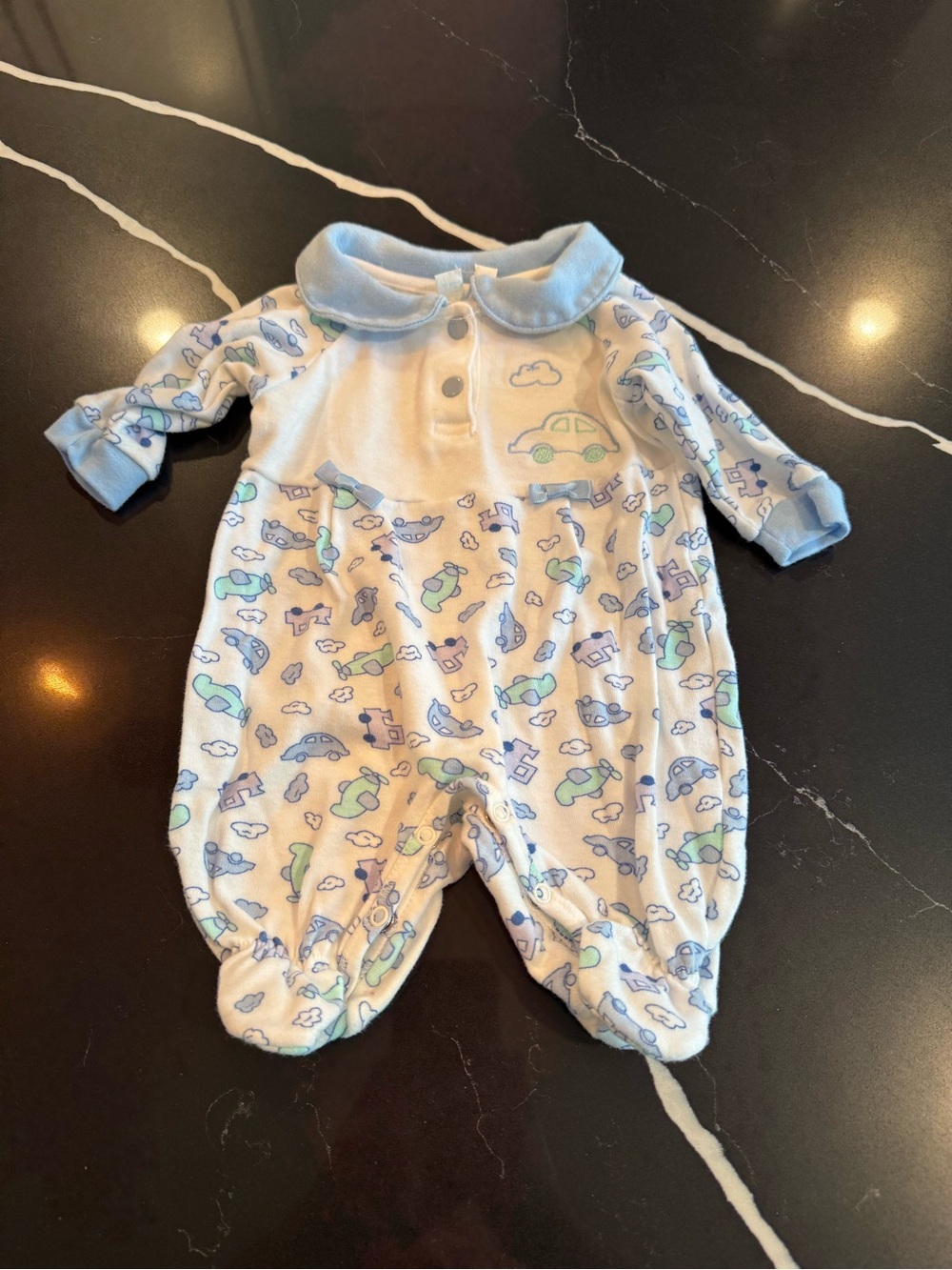 Vintage Blue & White Baby One-Piece with Car Print